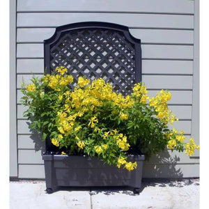 Outdoor Self-Watering Garden Planter with Trellis and Wheels in Grey Plastic