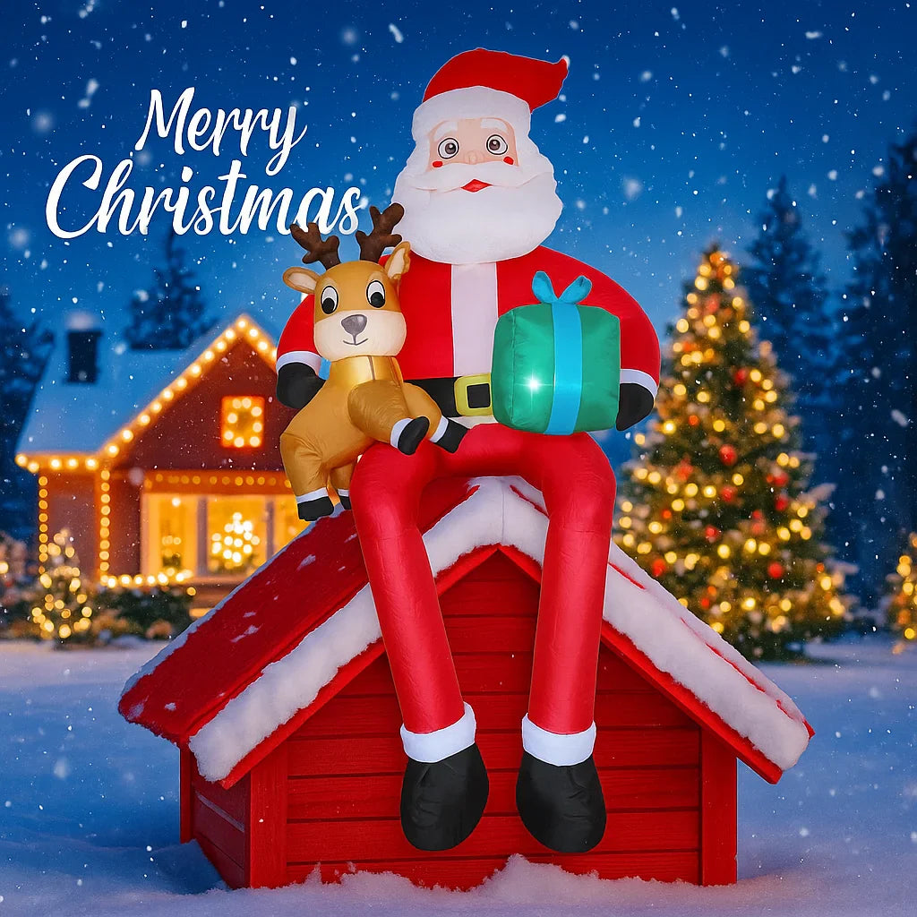 9.5FT Inflatable Christmas Santa Claus with Reindeer LED Outdoor Yard Decor