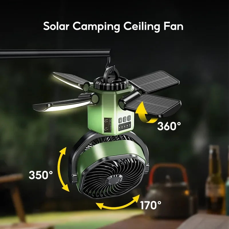 Solar Camping Fan 6000mAh Rechargeable LED Light Power Bank