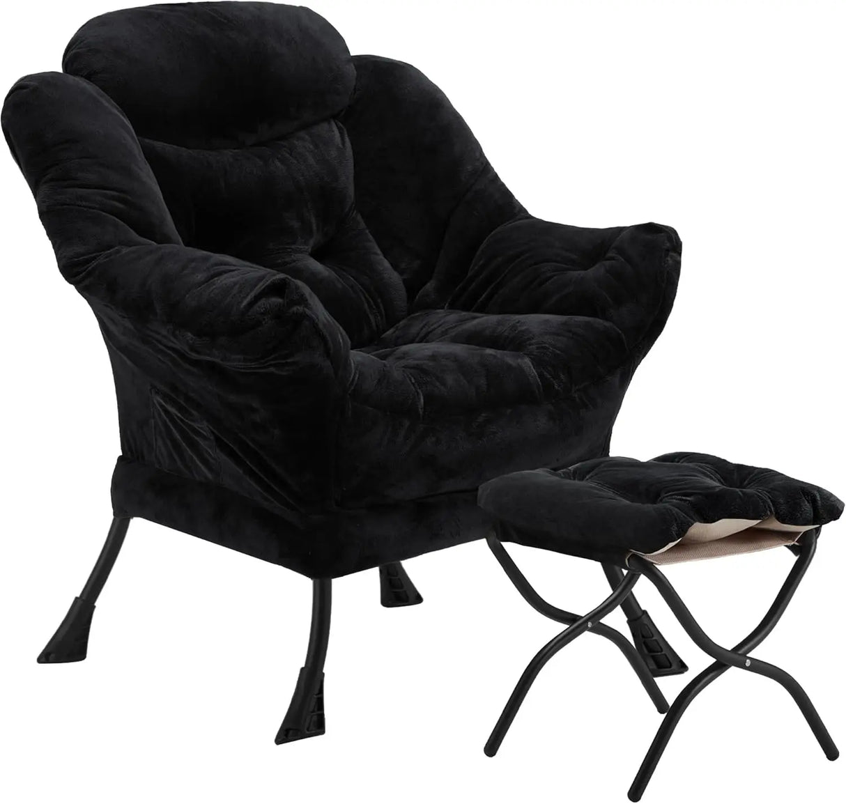 Velvet Lazy Chair with Folding Ottoman Accent Armchair Non-Slip Metal Frame