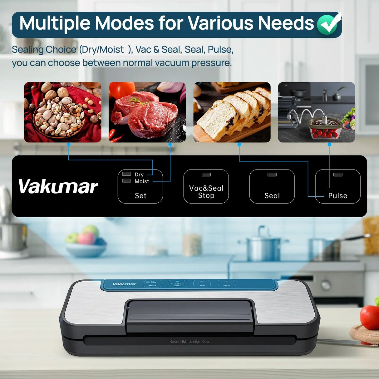 Vacuum Sealer Machine 80Kpa Sous Vide Food Saver Handle Type Multifunctional VH1506