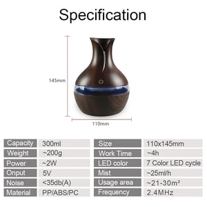 Aromatherapy Diffuser 300ml Cool Mist Humidifier 7-Color LED USB Rechargeable