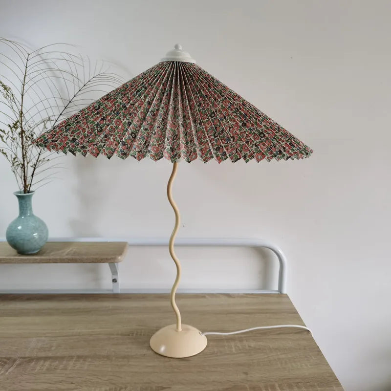 Vintage Pleated Table Lamp Umbrella Squiggle Bedside Night Light Living Room