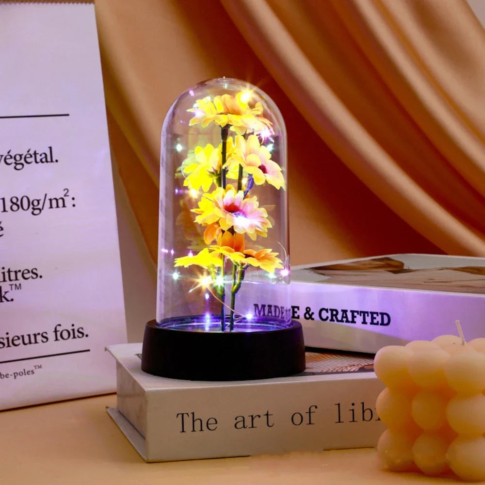 Sunflower LED Glass Dome Night Light Artificial Flower Graduation Gift Home Decor