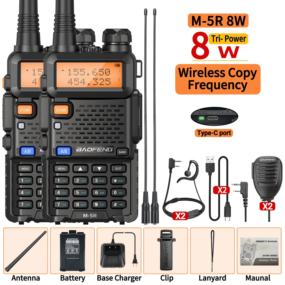 8W Multi Band Walkie Talkie Long Range Two Way Radio USB C Handheld