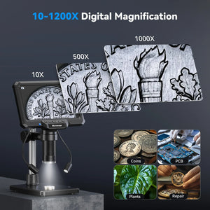 7 Inch Digital Microscope 1200X 16MP Coin PCB Soldering Repair Camera