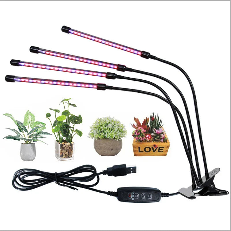 Clip On LED Grow Light Full Spectrum USB Timer Dimmable 1–4 Head Plant Lamp