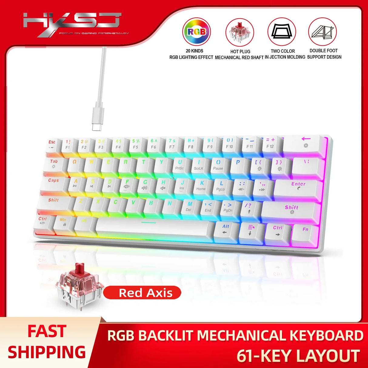 60% Wired Gaming Keyboard – 61-Key Compact RGB Backlight Waterproof for PC & Mac