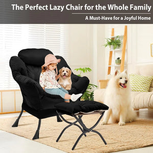 Velvet Lazy Chair with Folding Ottoman Accent Armchair Non-Slip Metal Frame