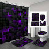 4-Piece Waterproof Shower Curtain Set with Hooks & Bathroom Floor Mats Blue Black