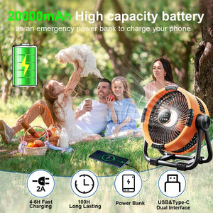 Camping Fan 20000mAh Rechargeable with LED Light Power Bank
