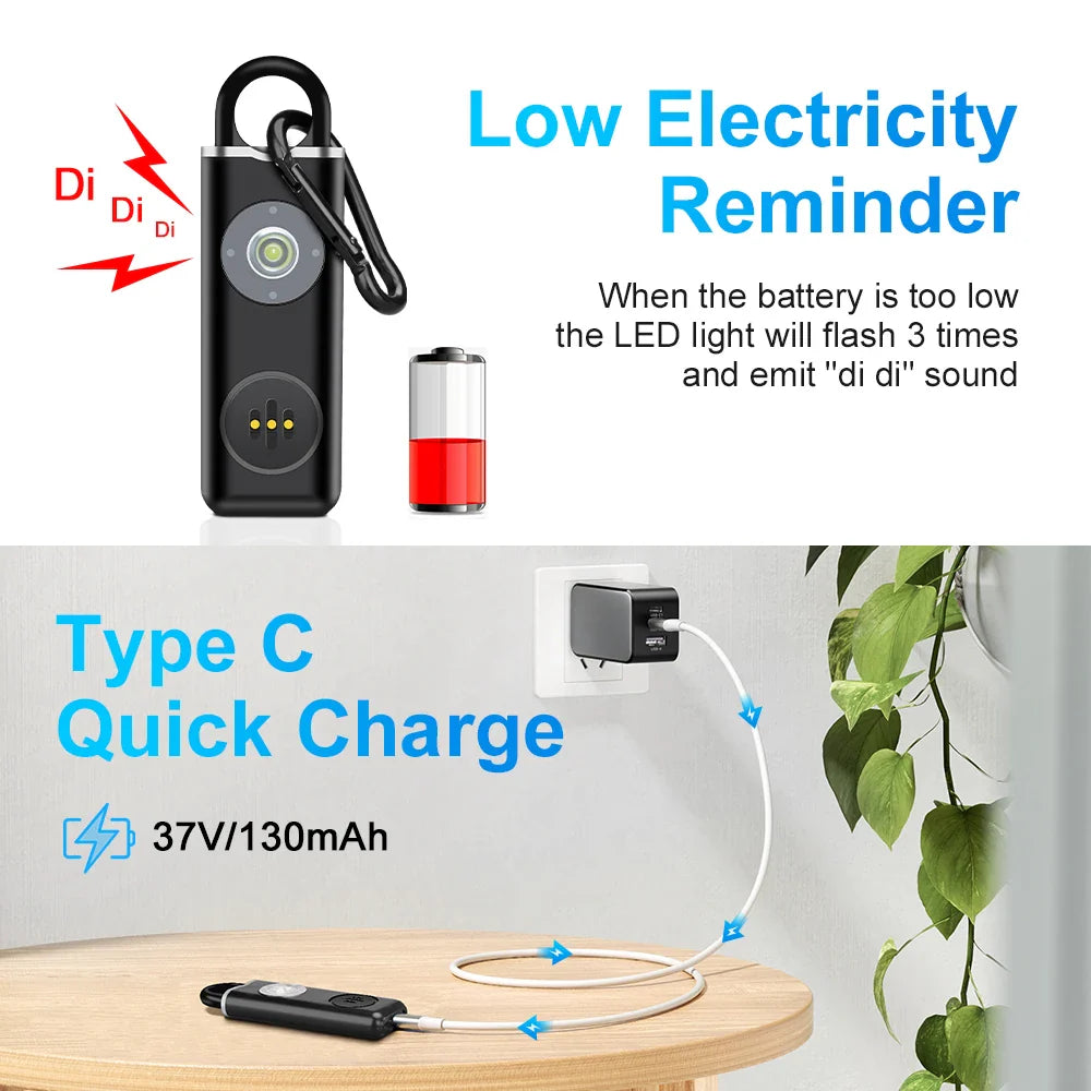 Personal Safety Alarm for Women Children Elderly 130dB Loud Rechargeable Keychain
