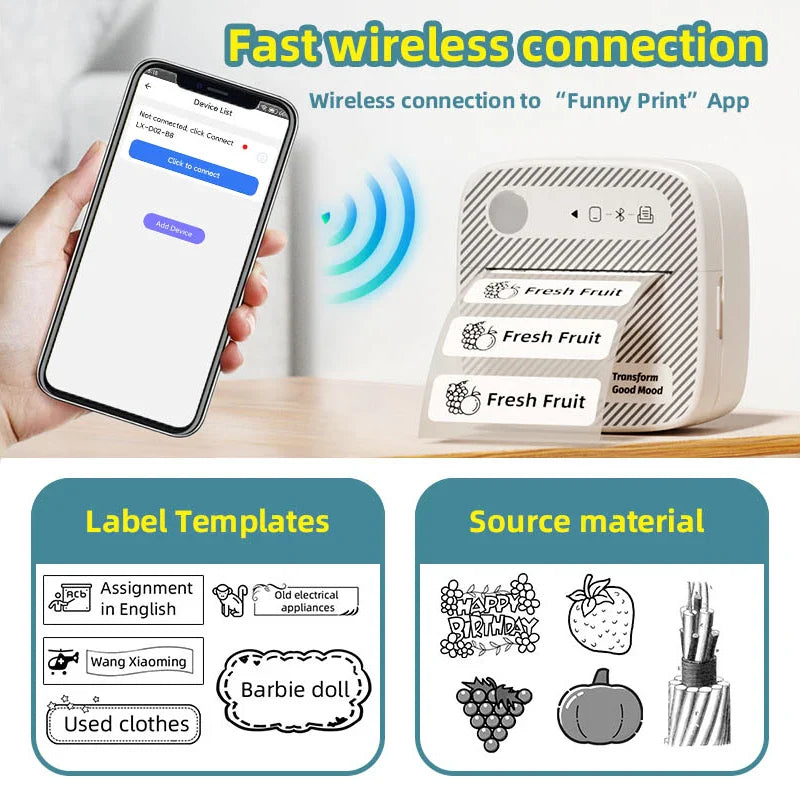 Portable Mini Photo Printer Bluetooth Inkless Thermal Sticker Label Maker B3