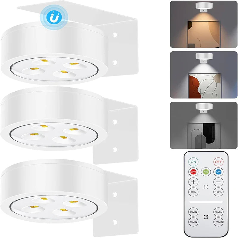 3 Pack Magnetic Picture Lights with Remote Dimmable Battery Art Wall Lights