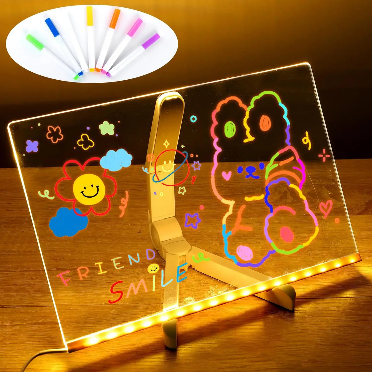 LED Kids Message Board – Colorful DIY Acrylic Drawing Board with 7 Pens Gift