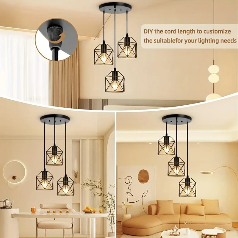 Moktan Sabai Vintage 3-Head Pendant Lamp – Black Metal Ceiling Chandelier E27