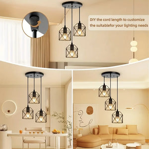 Moktan Sabai Vintage 3-Head Pendant Lamp – Black Metal Ceiling Chandelier E27