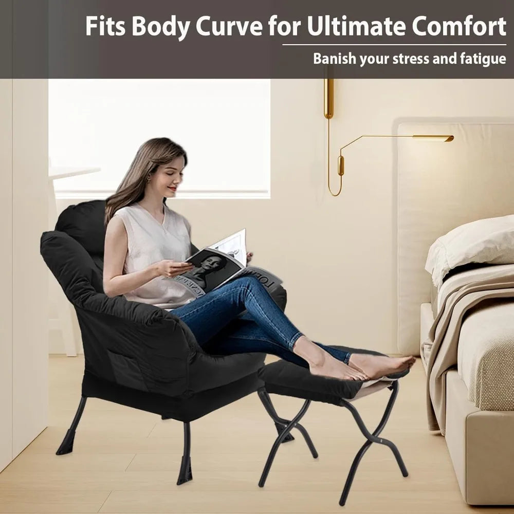 Velvet Lazy Chair with Folding Ottoman Accent Armchair Non-Slip Metal Frame