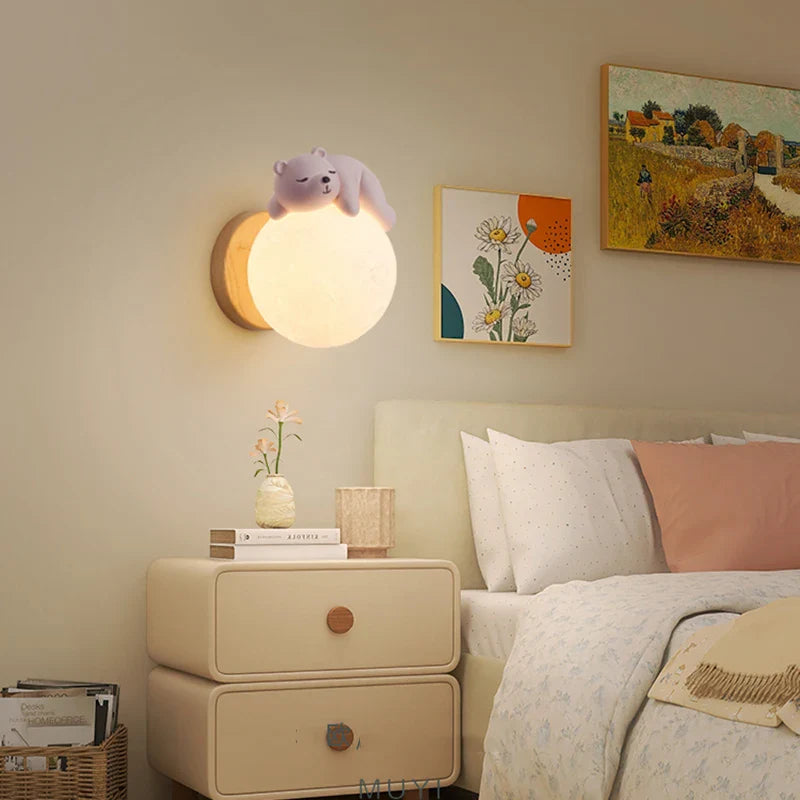 Cute Bear Moon Wall Light Kids Bedroom Nursery Night Light Cartoon Animal Lamp