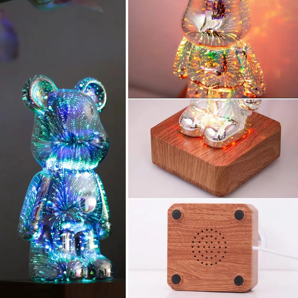3D Bear Fireworks LED Night Light USB Dimmable Projector Bedroom Decor