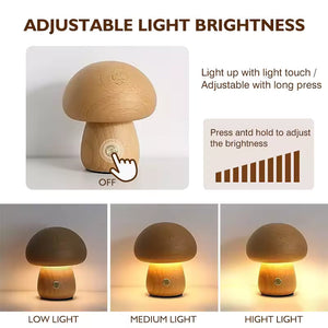 Mushroom Bedside Lamp – Touch-Controlled Dimmable Beech Wood Nightstand Light