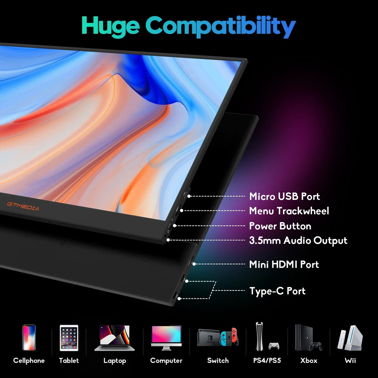 15.6" Portable Monitor GTMEDIA S15 FHD USB-C HDMI Laptop PC Gaming Second Screen