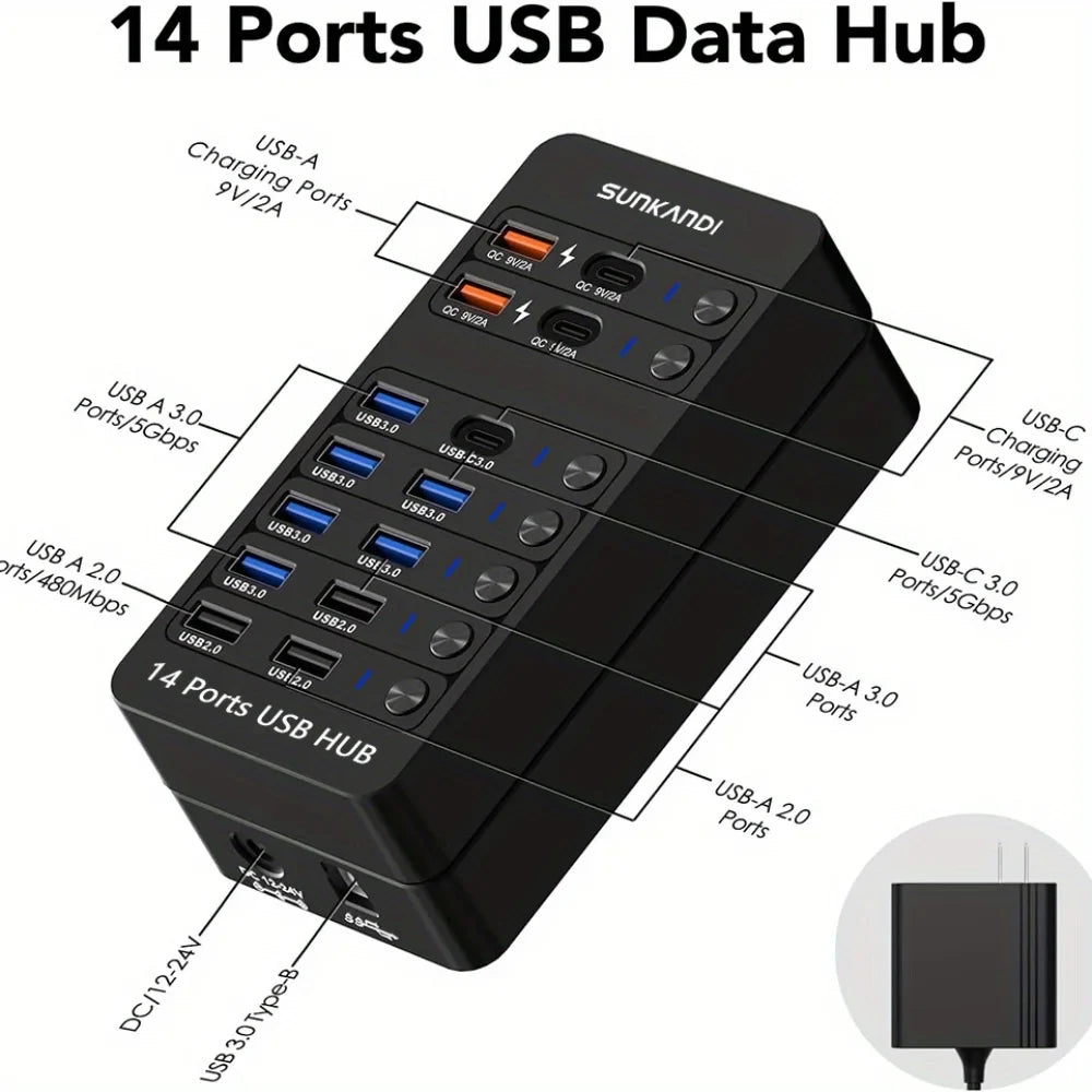 14 Port Powered USB Hub USB 3.0 USB C with Switch Charging for PC Laptop