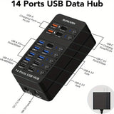 14 Port Powered USB Hub USB 3.0 USB C with Switch Charging for PC Laptop