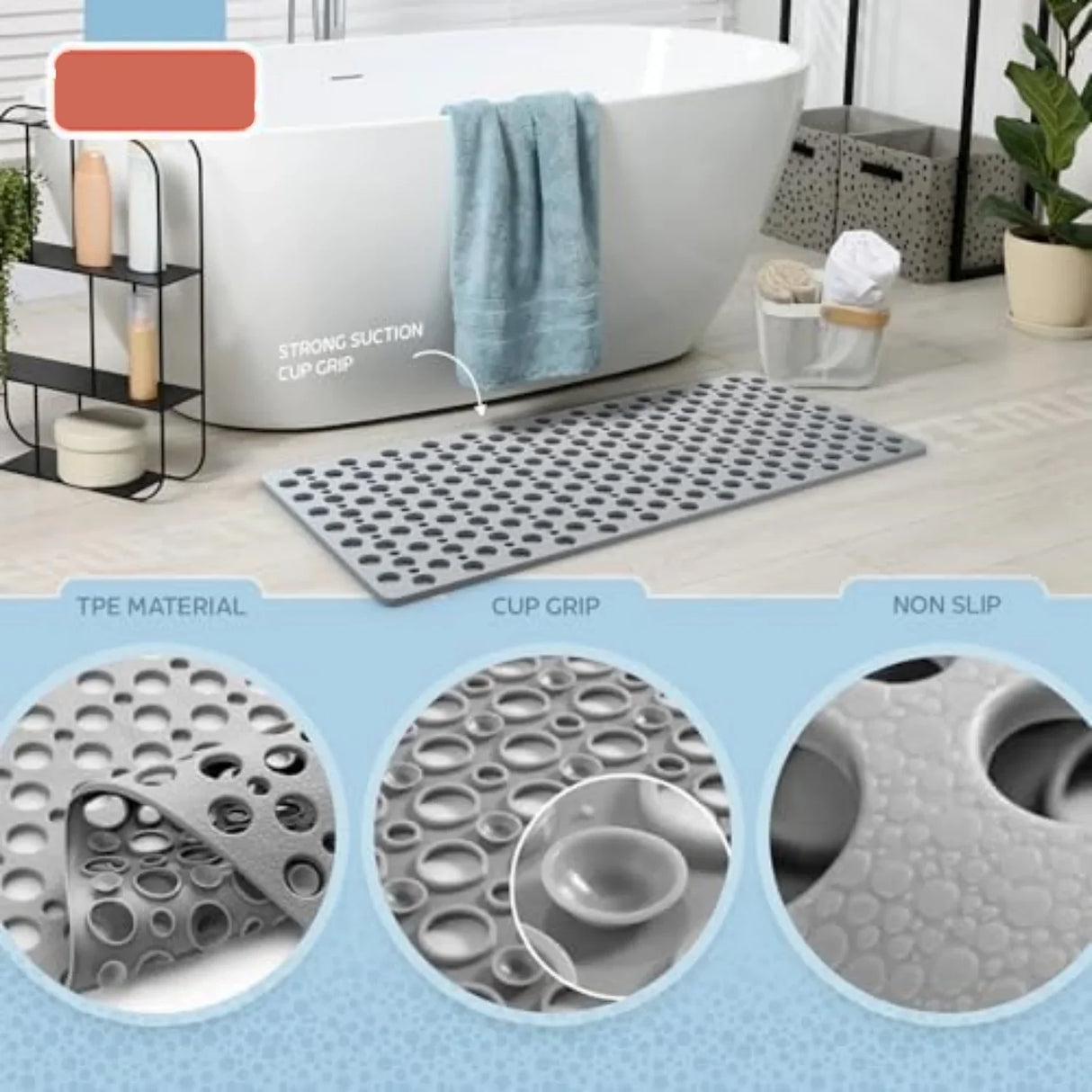 Non Slip Bathtub Shower Mat with Suction Cups Drain Holes 30x17 Inch