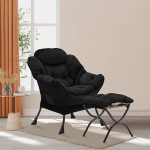 Velvet Lazy Chair with Folding Ottoman Accent Armchair Non-Slip Metal Frame