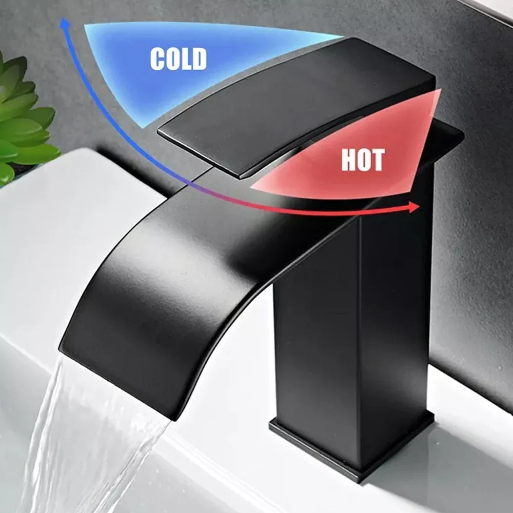 Black Waterfall Bathroom Faucet Basin Mixer Tap Single Hole Hot Cold Sink Tap