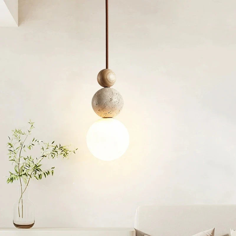 Wabi Sabi LED Pendant Light Stone Wood Modern Chandelier for Living Room