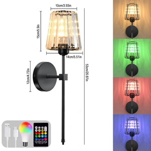 Crystal Wall Lamp 1/2PCS – RGB Dimmable Wireless Sconce with Remote for Bedroom
