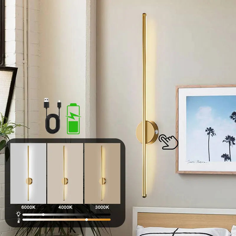 Rechargeable LED Wall Light Touch Switch 3CCT USB Battery Operated Sconce