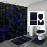 4-Piece Waterproof Shower Curtain Set with Hooks & Bathroom Floor Mats Blue Black