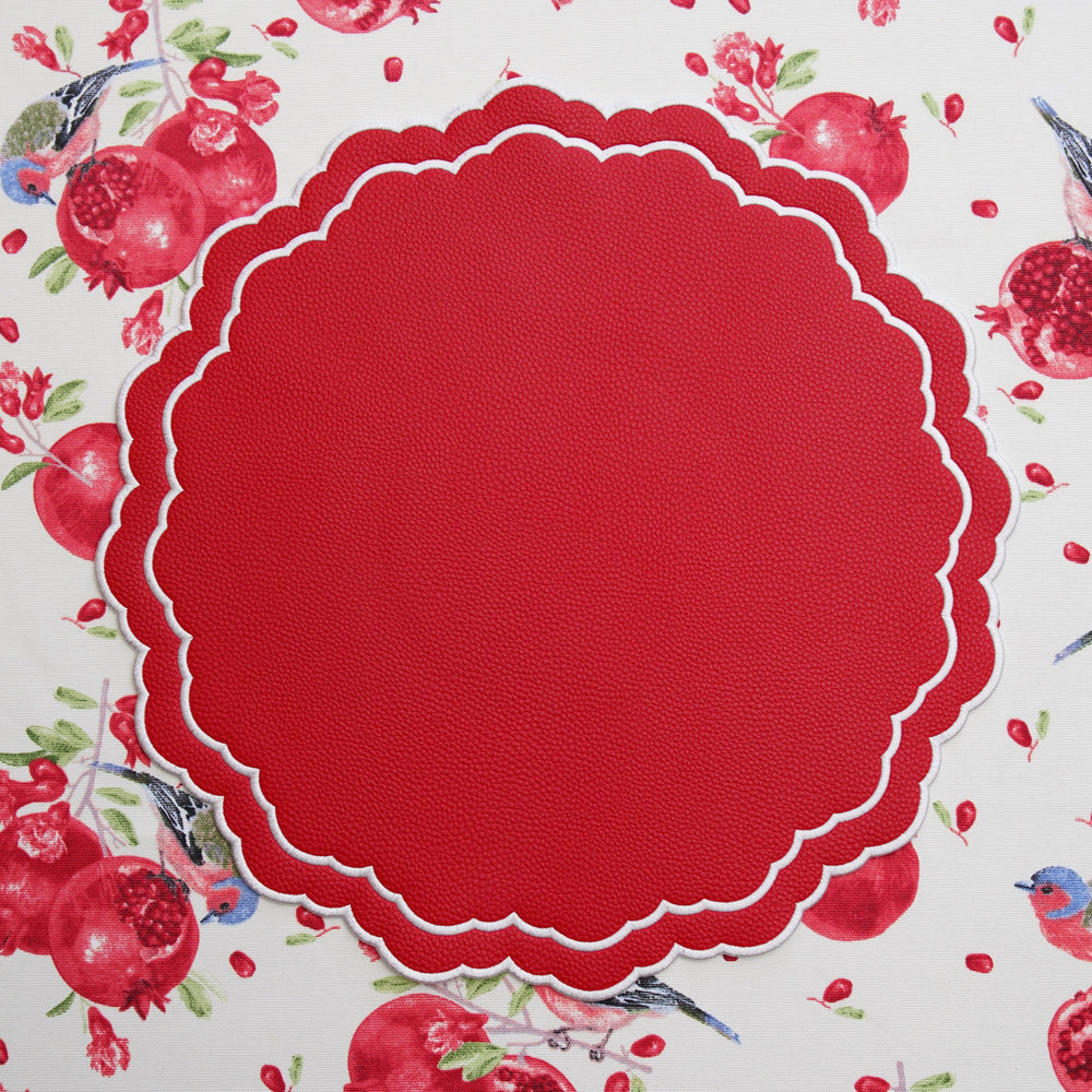 Scarlet Red Round Faux Leather Placemat