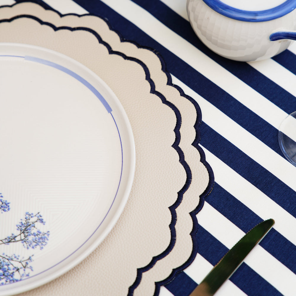Scarlet White Navy Blue Round Faux Leather Placemat