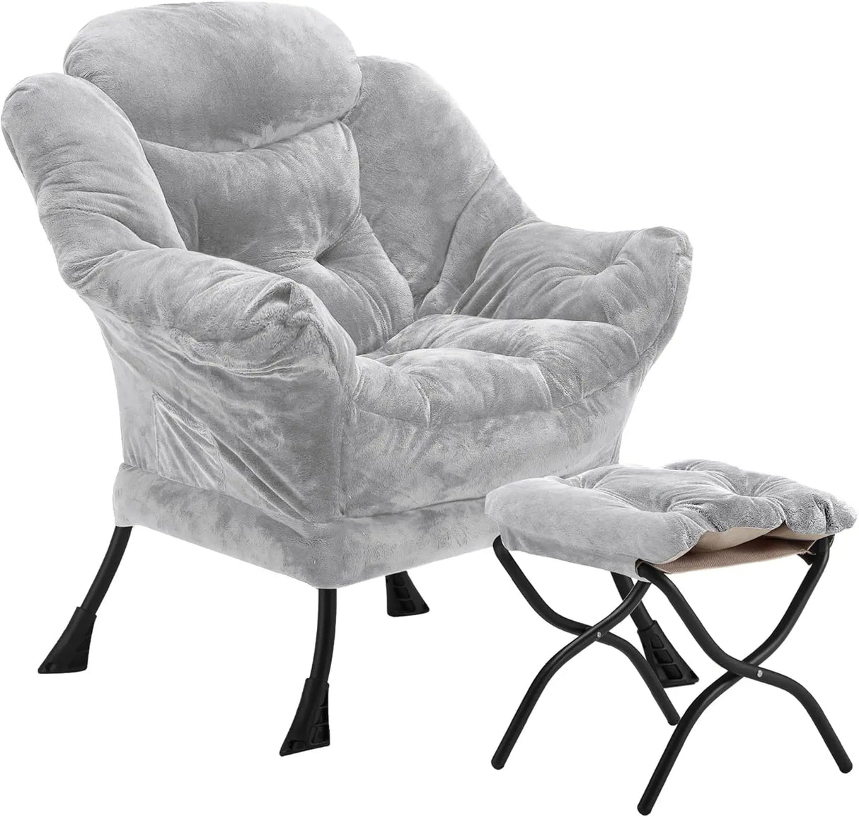 Velvet Lazy Chair with Folding Ottoman Accent Armchair Non-Slip Metal Frame