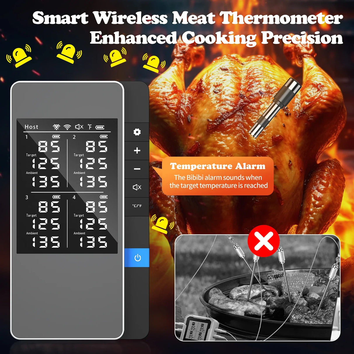 Wireless Meat Thermometer Multi Sensor Digital BBQ Grill Oven Long Range