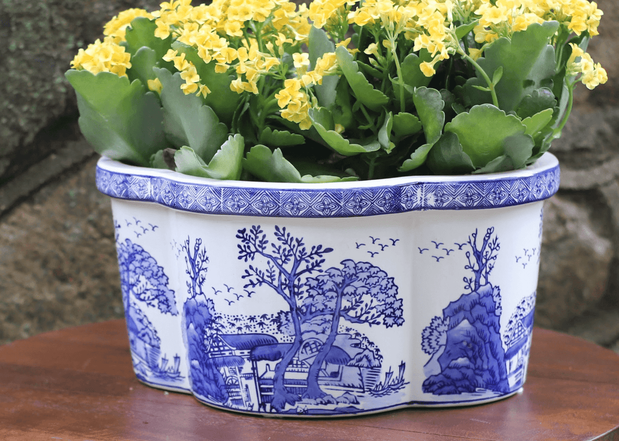 Ceramic blue & white landscape design 13.25-inch oval scalloped edge planter