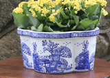 Ceramic blue & white landscape design 13.25-inch oval scalloped edge planter