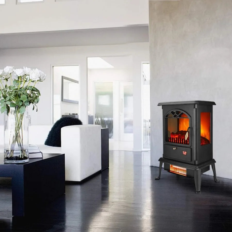 22" Freestanding Electric Fireplace Infrared Heater with Remote & Overheat Protection