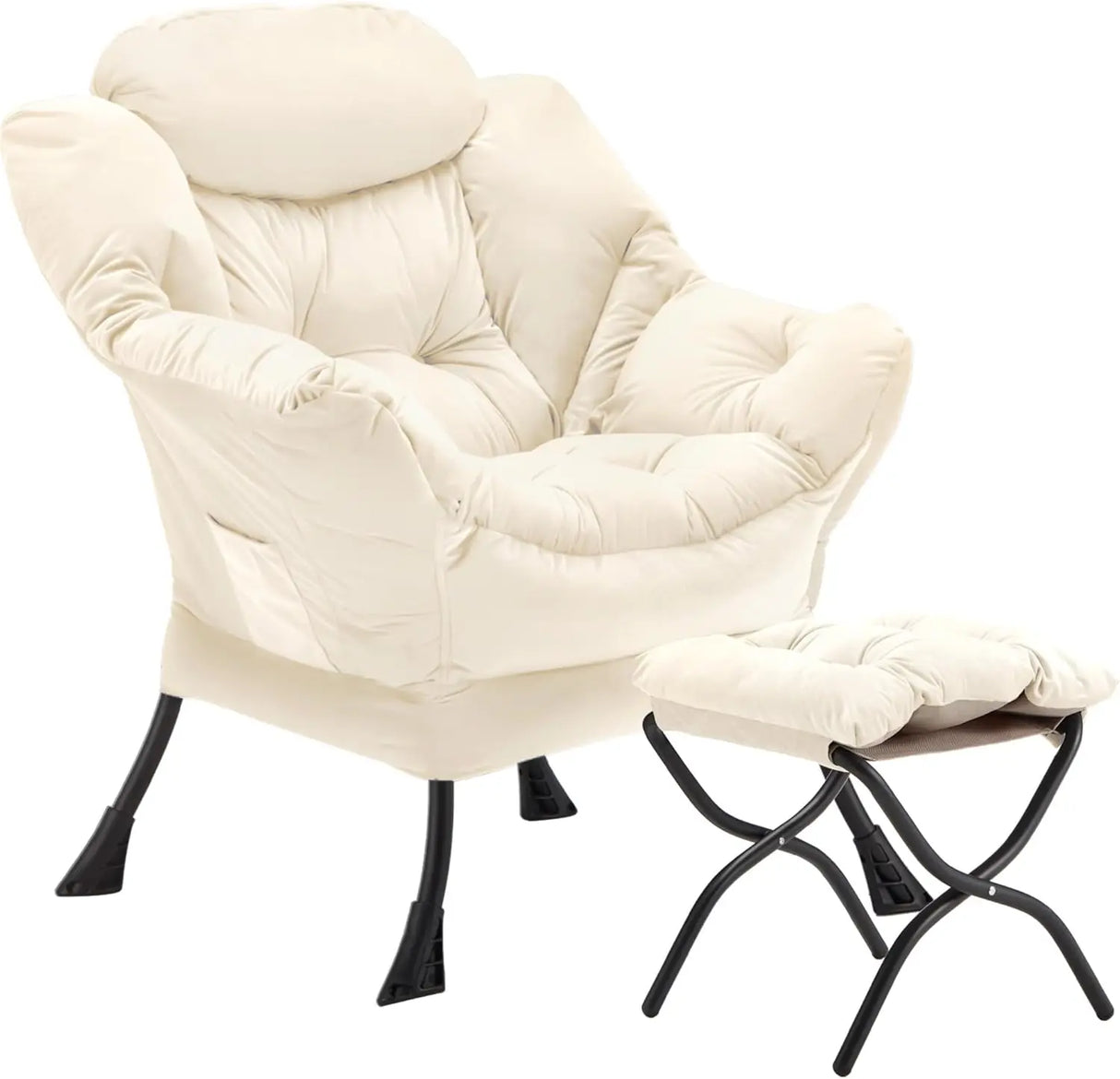 Velvet Lazy Chair with Folding Ottoman Accent Armchair Non-Slip Metal Frame