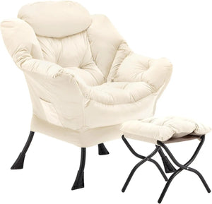 Velvet Lazy Chair with Folding Ottoman Accent Armchair Non-Slip Metal Frame