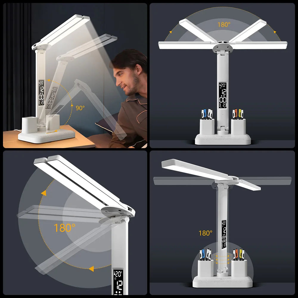 LED Eye Protection Desk Lamp Double Head Rechargeable Dimmable Light for Study