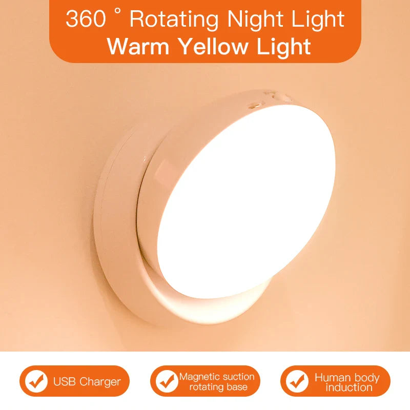 360° Rotating Magnetic LED Night Light Motion Sensor USB Rechargeable Lamp