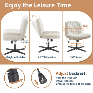 Cross Legged Office Chair Armless Wide Seat Swivel Fabric Desk Vanity Chair