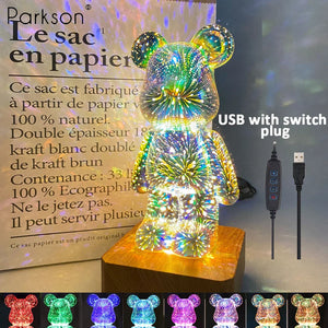 3D Bear Fireworks LED Night Light USB Dimmable Projector Bedroom Decor