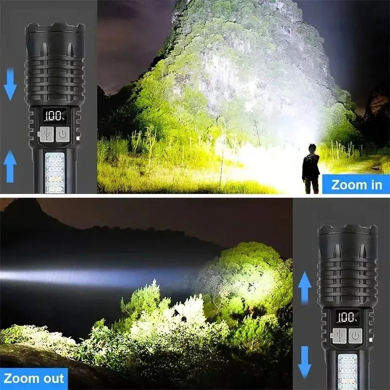 High Power LED Flashlight Type C Rechargeable COB Torch Side Light Camping