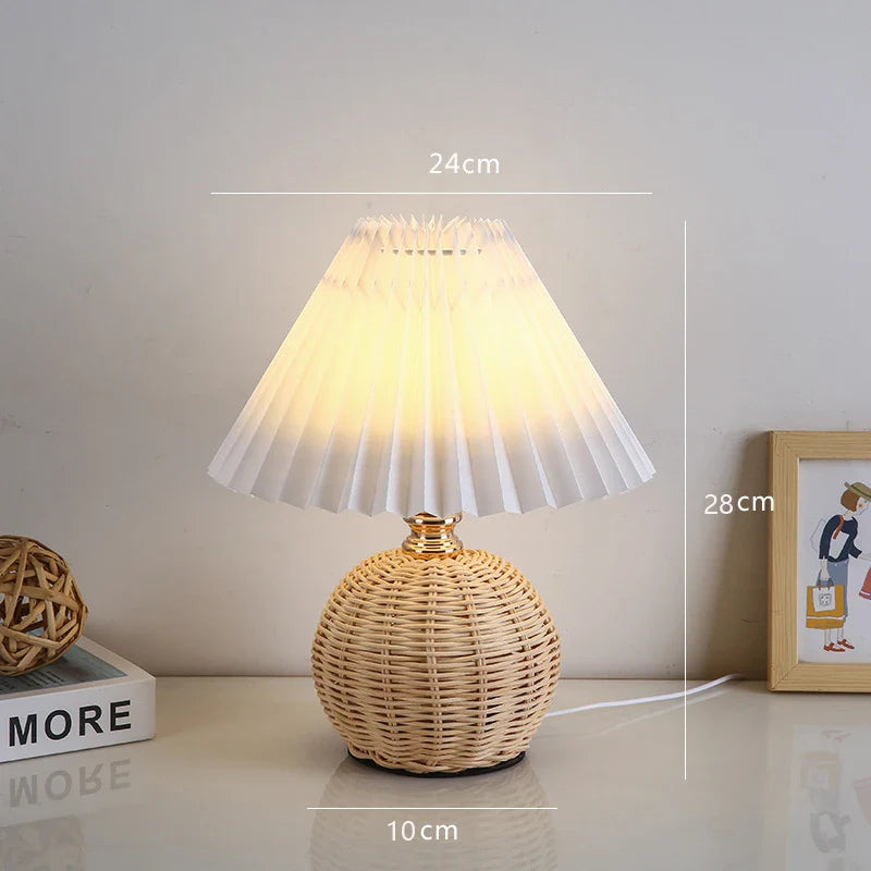 Pleated Fabric Bedside Table Lamp USB LED Light Retro Rattan Shade for Home Decor